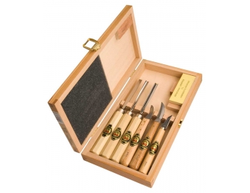 3437000-3437000, DOS CEREZAS, Juego 3 gubias basicas+3 cuchillos chip carving + piedra de afilar en caja de madera-1.