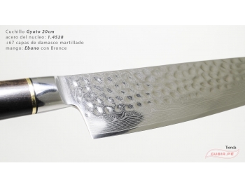 B1zEg20-Cuchillo Gyuto 20cm acero 10Cr+damasco martillado 67capas Ebano+Bronce B1zEg20-2.