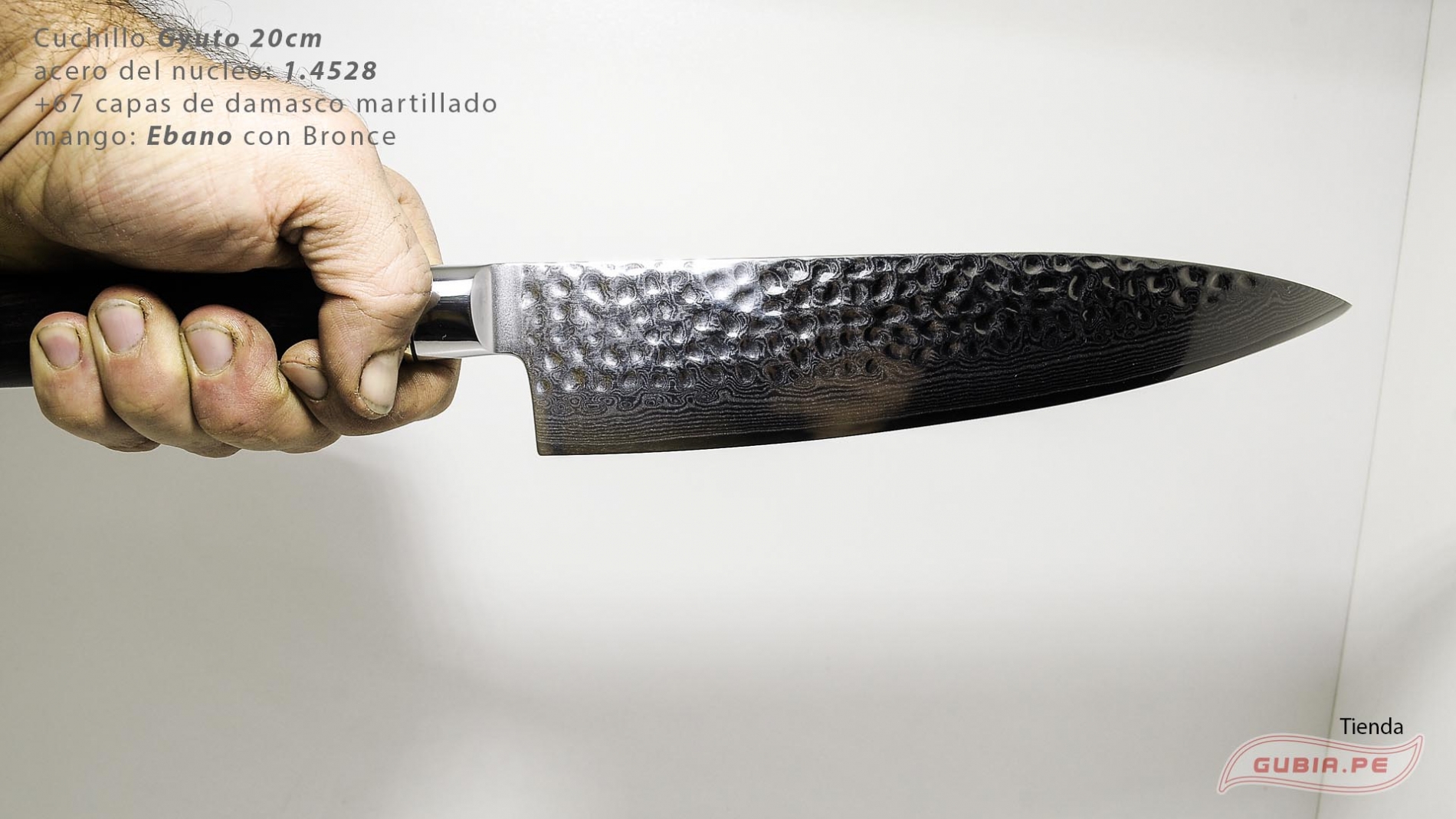B1zEg20-Cuchillo Gyuto 20cm acero 10Cr+damasco martillado 67capas Ebano+Bronce B1zEg20-max-7.