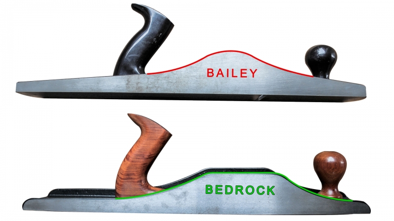 Comparacion de vista desde costado de la cama de cepillo manual Woodriver Bedrock vs. Bailey Stanley